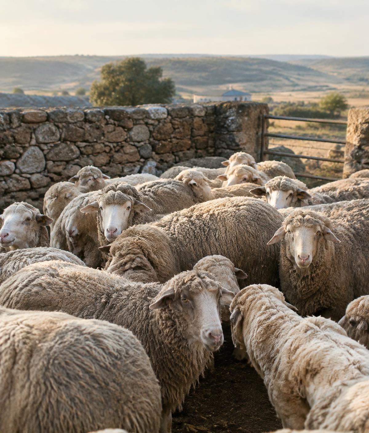 Rebaño de ovejas merinas en un corral de piedra